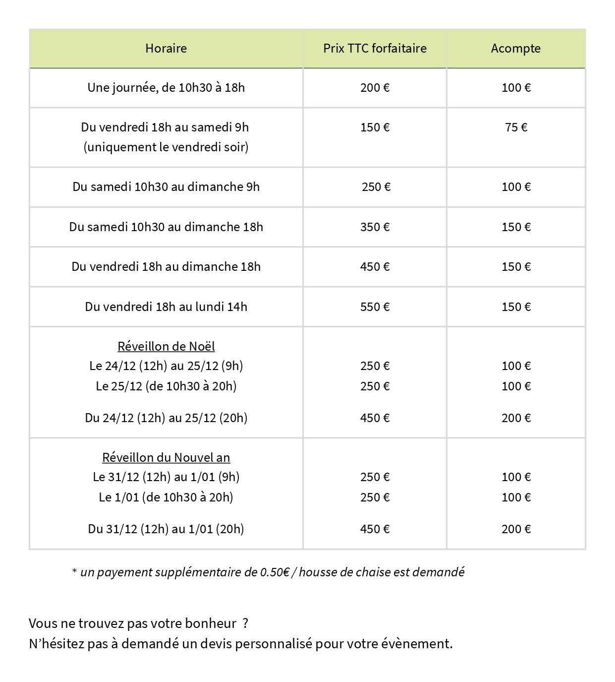 Tarifs location salle évènement privé, mariage, communion, anniversaire, fête de noël, nouvel an